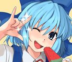  1girl \m/ bad_id bad_pixiv_id blue_eyes blue_hair cirno fang food fruit macross macross_frontier one_eye_closed parody popsicle rkrk seikan_hikou short_hair solo touhou watermelon watermelon_bar 