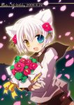  animal_ears birthday bouquet cat_ears cat_tail crossdressing fang flower heterochromia kamiyoshi_rika male_focus non-web_source open_mouth original otoko_no_ko petals school_uniform serafuku short_hair solo tail thoto white_hair 