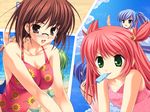  artist_request brown_eyes brown_hair copyright_request food glasses green_eyes long_hair multiple_girls non-web_source one-piece_swimsuit popsicle red_hair short_hair swimsuit 