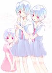  ayanami_rei blue_hair child dress eyepatch multiple_girls multiple_persona neon_genesis_evangelion pale_skin red_eyes school_uniform short_hair yoshioka_mitsuko younger 