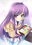  arikawa_satoru clannad fujibayashi_kyou hair_ribbon hikarizaka_private_high_school_uniform kneeling long_hair obentou purple_eyes purple_hair ribbon school_uniform solo thighhighs very_long_hair 