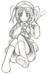  bad_id bad_pixiv_id cat_teaser dress eku flat_cap greyscale hat holding kawashiro_nitori long_sleeves looking_at_viewer monochrome pocket simple_background solo touhou twintails two_side_up white_background 