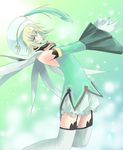  .hack//g.u. 1girl aoi_tsuki_hasu atoli_(.hack//) beret blonde_hair detached_sleeves dress garter_straps green_background green_dress hat long_sleeves looking_at_viewer outstretched_arm short_hair simple_background solo thighhighs white_bloomers white_legwear zettai_ryouiki 