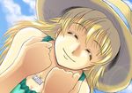  ^_^ bare_shoulders blonde_hair clenched_hands closed_eyes collarbone day dress glint green_dress hat hoshii_miki idolmaster idolmaster_(classic) idolmaster_1 jewelry long_hair mash_(masurawo) necklace pendant smile solo sun_hat sundress 