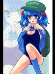  adaajt backpack bag blue_eyes blue_hair breasts dress dress_lift hair_bobbles hair_ornament hat kawashiro_nitori medium_breasts one-piece_swimsuit short_hair solo swimsuit touhou twintails two_side_up 