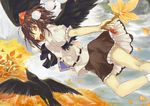  bird black_wings book brown_hair crow fan flying hat hauchiwa kouno_matsuri looking_at_viewer open_mouth shameimaru_aya short_hair skirt smile socks solo touhou wings 