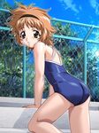  ass brown_eyes brown_hair chain-link_fence d-ten day fence one-piece_swimsuit onegai_twins outdoors poolside school_swimsuit shidou_haruko short_hair solo swimsuit 
