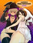  2girls angel blonde_hair bloomers blue_background breasts brown_hair cleavage copyright_request gradient gradient_background halloween happy_halloween hat large_breasts multiple_girls orange_background panties ri-ko star starry_background thighhighs thong underwear wand white_bloomers wings witch witch_hat 
