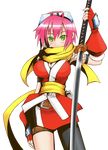  absurdres artist_request belt breasts cleavage elbow_gloves fishnets gloves goggles gouma_reifuden_izuna green_eyes highres izuna katana large_breasts ninja pink_hair scarf short_hair solo spandex standing sword thigh_strap weapon 