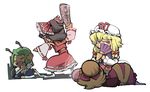  antennae black_hair blonde_hair bunbunmaru chibi detached_sleeves fan green_hair hakurei_reimu hat hounori kurodani_yamame long_hair multiple_girls newspaper ribbon short_hair touhou wriggle_nightbug yakumo_yukari 