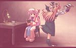  bat_wings book chair crescent cup dress hair_ribbon hat head_wings koakuma long_hair multiple_girls patchouli_knowledge purple_eyes purple_hair reading ribbon shoes sitting table tdk teacup touhou tripping wings 
