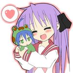  animal_costume bad_id bad_pixiv_id blue_hair chibi chibi_hug closed_eyes frog frog_costume green_eyes hair_ribbon happy heart hiiragi_kagami hug izumi_konata jitome lucky_star mole mole_under_eye multiple_girls naz pink_neckwear purple_hair ribbon ryouou_school_uniform school_uniform serafuku smile spoken_heart triangle_mouth twintails 