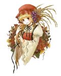  aki_minoriko autumn_leaves blonde_hair brown_eyes food fruit grapes hair_fruit hat leaf looking_at_viewer nikoro over_shoulder short_hair smile solo touhou upper_body wheat wide_sleeves 