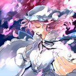  cherry_blossoms closed_eyes floating_hair foreshortening hat lowres outstretched_arm pink_hair popoin saigyouji_yuyuko solo touhou wind 