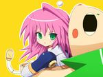  :o blush creature green_eyes kemeko_(kemeko_deluxe) kemeko_deluxe long_hair looking_at_viewer mm_(kemeko_deluxe) open_mouth parted_lips pink_hair simple_background takunama upper_body yellow_background 