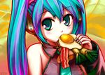  aqua_hair bacon breakfast detached_sleeves eating egg food green_eyes hatsune_miku headphones long_hair microphone multicolored_hair necktie solo spring_onion toast twintails upon_thou_fair_cat vocaloid 