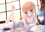  :x ayasaki_hayate barefoot bed blonde_hair cellphone character_doll feet flat_chest green_eyes handheld_game_console hayate_no_gotoku! indoors long_hair lowres phone pillow playstation_portable sanzen'in_nagi solo stuffed_toy window xephonia 
