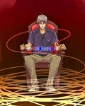  akagi akagi_shigeru chair grey_eyes mahjong male_focus pants raizou shirt silver_hair sitting solo 