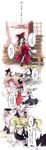  absurdres belt beru blonde_hair bow box brown_hair comic detached_sleeves doll donation_box grey_eyes hair_ribbon hakurei_reimu highres kirisame_marisa long_hair multiple_girls ofuda red_eyes ribbon shanghai_doll silhouette socks torii touhou translated 