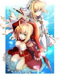  aestus_estus ahoge blonde_hair bodysuit breasts chain cleavage dress dual_persona epaulettes fate/extra fate/extra_ccc fate_(series) gloves green_eyes lock medium_breasts multiple_girls nero_claudius_(bride)_(fate) nero_claudius_(fate) nero_claudius_(fate)_(all) padlock see-through white_bodysuit yude 