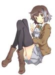  amia_lee black_legwear blazer blue_eyes boots brown_hair els gundam gundam_00 gundam_00_a_wakening_of_the_trailblazer highres jacket kagami_uekusa leg_lift long_legs mole open_mouth school_uniform short_hair skirt thighhighs v yellow_eyes 