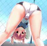  ass bent_over blue_neckwear blush bow bowtie cameltoe chain-link_fence fence from_behind hair_bobbles hair_ornament isshiki_momo kneepits legs looking_back looking_through_legs national_shin_ooshima_school_uniform pink_eyes pink_hair school_uniform shiina_yuuki short_hair short_shorts short_twintails shorts solo trefoil twintails upside-down vividred_operation 