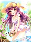  :d blush brown_eyes dress flower happy hat long_hair open_mouth original pecorin purple_hair ribbon smile solo sun_hat tree wading water 