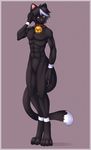  anthro bell bell_collar biceps black-kalak black_fur black_hair cat claws collar feline fur hair male mammal muscles nude orange_eyes pecs plain_background pose smile solo standing toe_claws toned white_fur white_hair yellow_eyes 