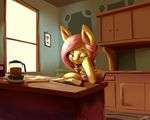  blue_eyes book clothed clothing coffee cupboard equine female feral fluttershy_(mlp) friendship_is_magic hair horse inside kitchen mammal my_little_pony pink_hair pony reading sitting solo swomswom window 