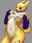  black_sclera blue_eyes blush breasts canine digimon edit female fox fur gloves grey_background mammal multicolor_fur naughty_face navel nipples nude plain_background pose pubes renamon short_tail side_boob simple_background solo standing two_tone_fur under_boob vectorconflict wide_hips yellow_fur 