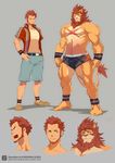  &#12463;&#12525;&#12459;&#12527;&#12473;&#12489;&#12454; ??????? beard belt biceps boxers brown_hair clothed clothing facial_hair feline frown fur grey_background hair half-dressed human jacket lion male mammal mane model_sheet muscles nipples open_mouth open_shirt orange_fur pecs plain_background pose scar shirt shorts solo standing sweat tan_fur topless underwear wristband 