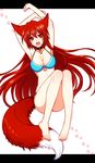  :d animal_ears armpits arms_up bare_legs bare_shoulders barefoot bikini blue_bikini breasts choker cleavage fangs fox_ears fox_tail highres konshin large_breasts letterboxed long_hair o-ring o-ring_bikini o-ring_bottom o-ring_top open_mouth opera_the_vermelho original red_hair smile solo swimsuit tail 