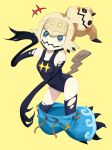  2017 blonde_hair blue_eyes blush claws clothing emukee female ghost hair hat lana_(pok&eacute;mon) mimikyu monster_girl_(genre) nintendo not_furry pok&eacute;mon pok&eacute;mon_(species) simple_background smile solo spirit swimsuit video_games wood young 