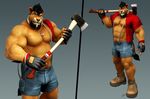  abs axe beard biceps big_muscles black_hair boots braces braford brown_fur cgi chubby clothed clothing facial_hair feline footwear fur gloves hair half-dressed huge_muscles lion lumberjack male mammal musclegut muscles necklace nipples open_shirt pecs pose shirt shoes shorts solo standing suspenders topless vein weapon 