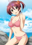  :d alternate_breast_size bikini blush breasts cleavage front-tie_top isshiki_akane large_breasts looking_at_viewer navel ocean open_mouth red_hair scrunchie short_hair side-tie_bikini sitting smile solo swimsuit twintails uninigumi vividred_operation yellow_eyes 