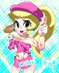  bare_shoulders beret blonde_hair breasts character_name cleavage dixie_kong donkey_kong_(series) donkey_kong_country donkey_kong_country_2 earrings front-tie_top green_eyes hat honey jewelry korosuke_(coromo) long_hair messy nail_polish navel personification ponytail short_shorts shorts solo strapless tubetop 