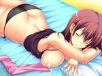  1girl amakura ass bed black_panties breast_press breasts brown_hair butt_crack eyes_closed game_cg himekawa_ami large_breasts lying nipples no_bra on_stomach panties pillow short_hair sleeping solo sweat tenioha!_onna_no_ko_datte_honto_ha_ecchi_da_yo? underwear 