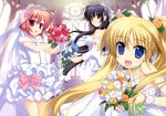  3girls absurdres akiyama_mayu blonde_hair bridal_veil dress flower frilled_skirt frills fujima_takuya highres multiple_girls skirt smile_shooter suzuhira_airi usaki_yurina veil wedding_dress 