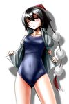  bad_id bad_pixiv_id black_hair blush dress_shirt hat looking_at_viewer nukarumi_noren one-piece_swimsuit one_eye_closed open_clothes open_shirt red_eyes school_swimsuit shameimaru_aya shirt short_hair solo swimsuit tokin_hat touhou 