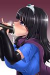  black_eyes black_hair blush breasts dragon_quest dragon_quest_iii elbow_gloves food gloves gradient gradient_background hanauna heroine_(dq3) large_breasts long_hair sexually_suggestive shirt solo suggestive_fluid sweat taut_clothes taut_shirt tears tiara 