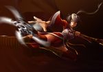  air_(artist) akali blood_moon_akali boots brown_hair kama_(weapon) league_of_legends long_hair mask motion_blur ponytail red_eyes shuriken sickle solo thighhighs weapon 