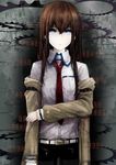  belt blue_eyes brown_hair gears hanamuke highres jacket legwear_under_shorts long_hair makise_kurisu necktie pale_skin pantyhose parted_lips ringed_eyes short_shorts shorts solo steins;gate 