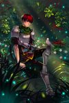  adol_christin arm_grab armor bird blood boots flower gauntlets gloves greaves injury kamikanomi knee_boots male_focus nature pants purple_eyes red_hair scarf shoulder_pads single_glove sitting smile solo ys 