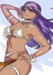  arm_up bracelet circlet cowboy_shot dark_skin dragon_quest dragon_quest_iv earrings green_eyes hand_on_hip jewelry loincloth long_hair manya pelvic_curtain purple_hair smile solo twinpoo 