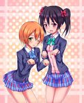  black_hair blazer bow hair_bow hoshizora_rin jacket love_live! love_live!_school_idol_project multiple_girls open_mouth otonokizaka_school_uniform red_eyes ribbon school_uniform short_hair skirt smile twintails volk_(bo-tan) yazawa_nico 