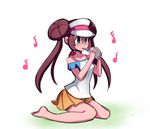  alternate_costume bare_shoulders barefoot blue_eyes brown_hair can double_bun drinking_straw happy long_hair mei_(pokemon) miniskirt musical_note no_legwear pokemon pokemon_(game) pokemon_bw2 sho-n-d sitting skirt soda_can solo twintails visor_cap wariza 