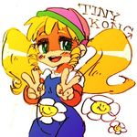  blush_stickers donkey_kong_(series) double_v drill_hair flower green_eyes hat long_hair lowres overalls solo tiny_kong twin_drills twintails v wa_heppu 