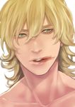  bad_id bad_pixiv_id barnaby_brooks_jr blonde_hair blood blood_from_mouth close-up collarbone face green_eyes green_hair hair_between_eyes lips long_hair looking_at_viewer male_focus parted_lips solo sugarrr thick_eyebrows tiger_&amp;_bunny upper_body 