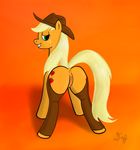  applejack_(mlp) blonde_hair butt chaps cowboy_hat cutie_mark daf equine female feral freckles friendship_is_magic green_eyes hair hat horse looking_at_viewer looking_back mammal my_little_pony nude orange_background orange_theme plain_background pony presenting presenting_hindquarters pussy solo warm_colors 