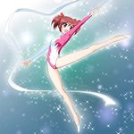  brown_hair grey_eyes gymnast_leotard gymnastics gymnastics_ribbon half-soles highres kinfuji leotard momomiya_ichigo rhythmic_gymnastics short_hair sparkle tokyo_mew_mew 